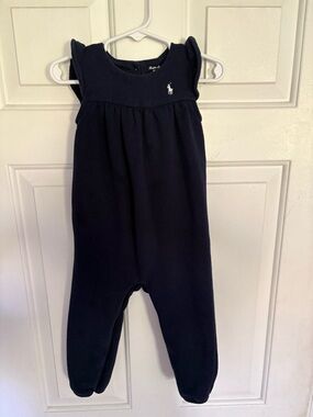 Ralph Lauren Navy Infant Hoodie Romper with Logo Print